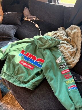 Green reflective Supreme/Honda/Fox Racing patch jacket. Good but used condition
